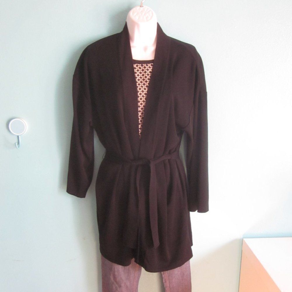 Plein Air Womens Size M Black Acrylic Knit Cardigan Sweater w/ Tie Belt Closure